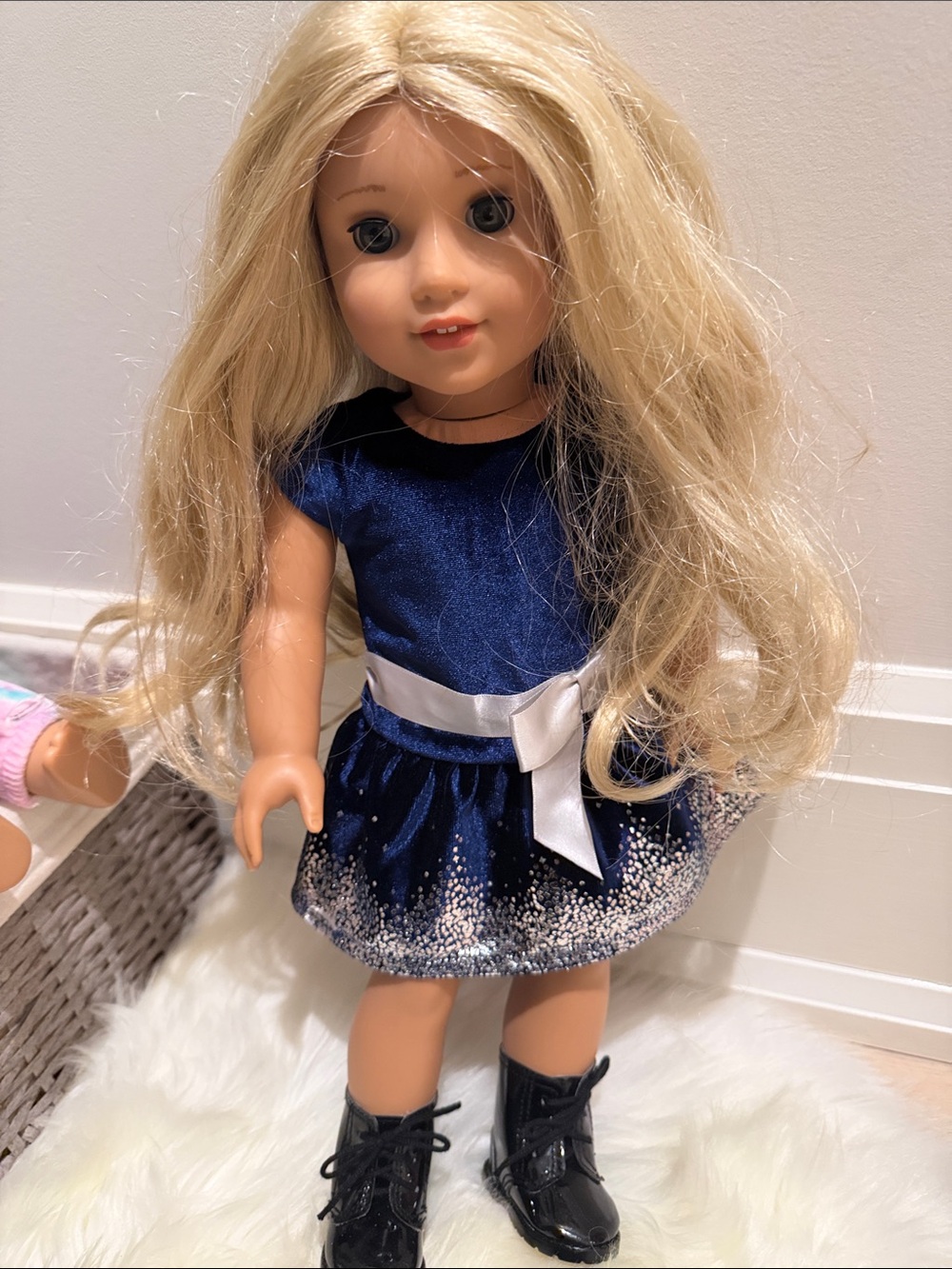 American Girl Doll in Navy Dress with White Sash